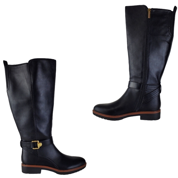 New Tommy Hilfiger frankly wide calf faux leather riding boots black gold wide - Picture 7 of 14